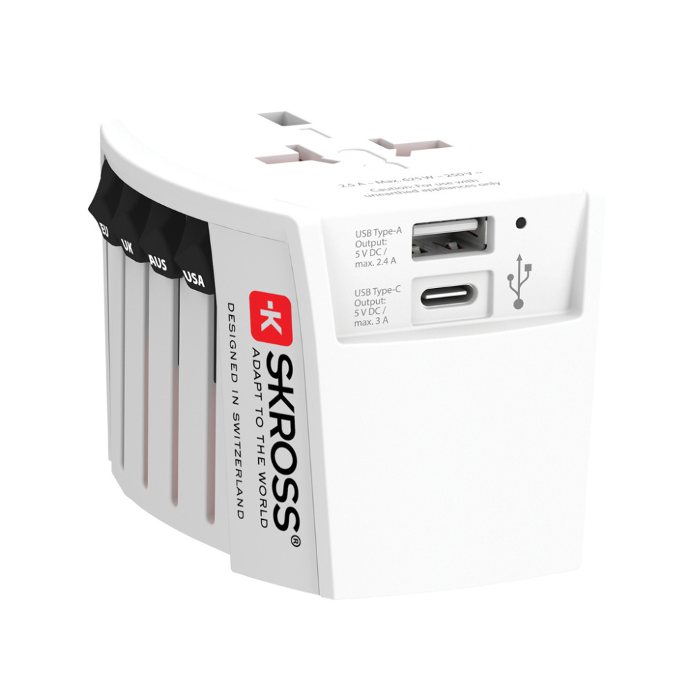 Logo trade firmakingi pilt: SKROSS World Travel Adapter MUV 2-pooluseline USB A ja C-ga