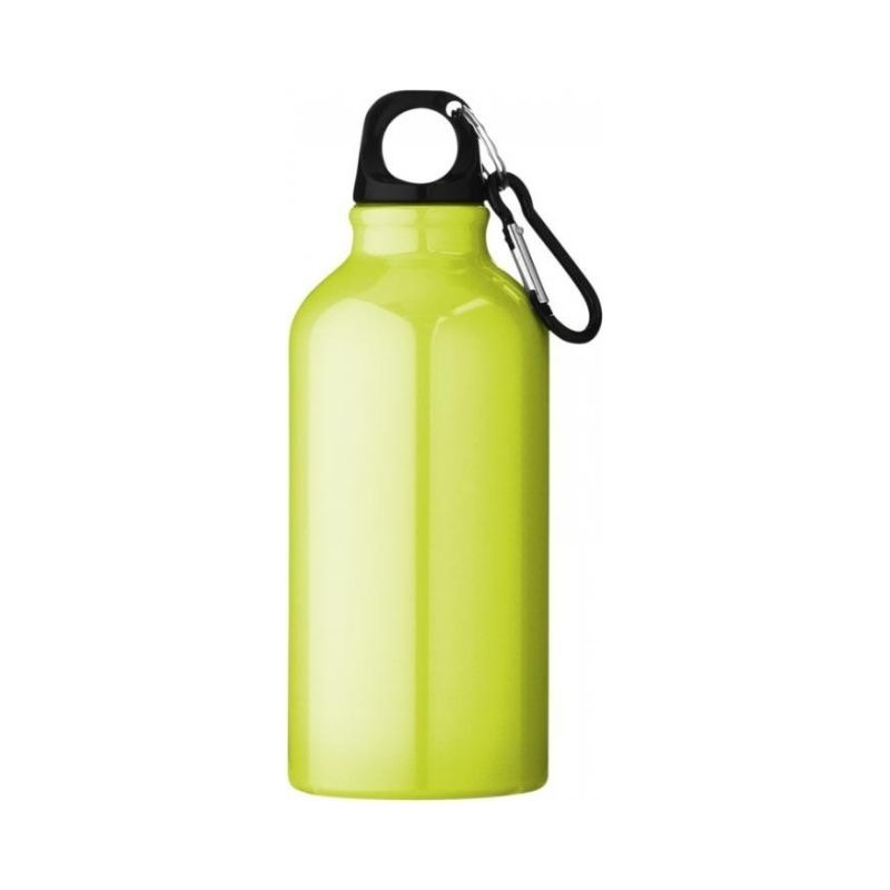 Logo trade mainoslahjat tuotekuva: Oregon-juomapullo ja kiinnityskoukku, neonkeltainen