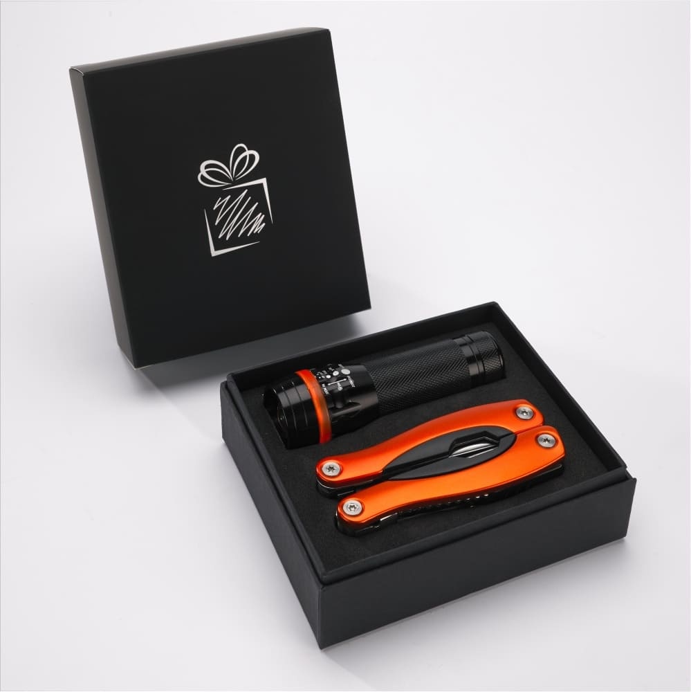 Logotrade mainostuote tuotekuva: Lahjasetti Colorado II - taskulamppu ja iso monitoimityökalu, oranssi