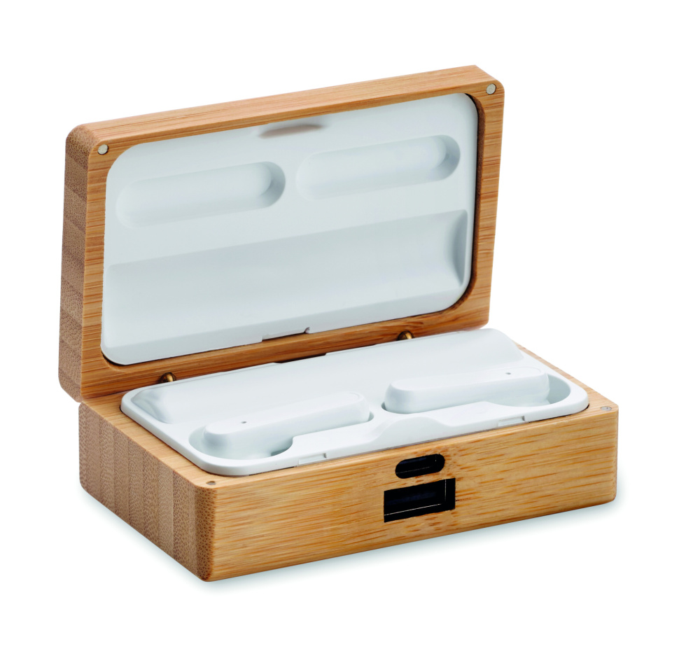 Лого трейд pекламные подарки фото: TWS earbuds in bamboo case