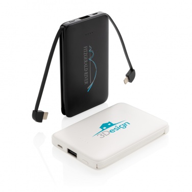 Logotrade reklamprodukter bild: 5.000 mAh powerbank i fickformat med integrerade kablar